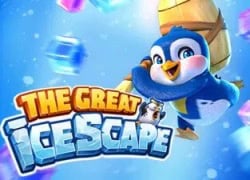The Great Escape Casino game scene with animated penguin character.